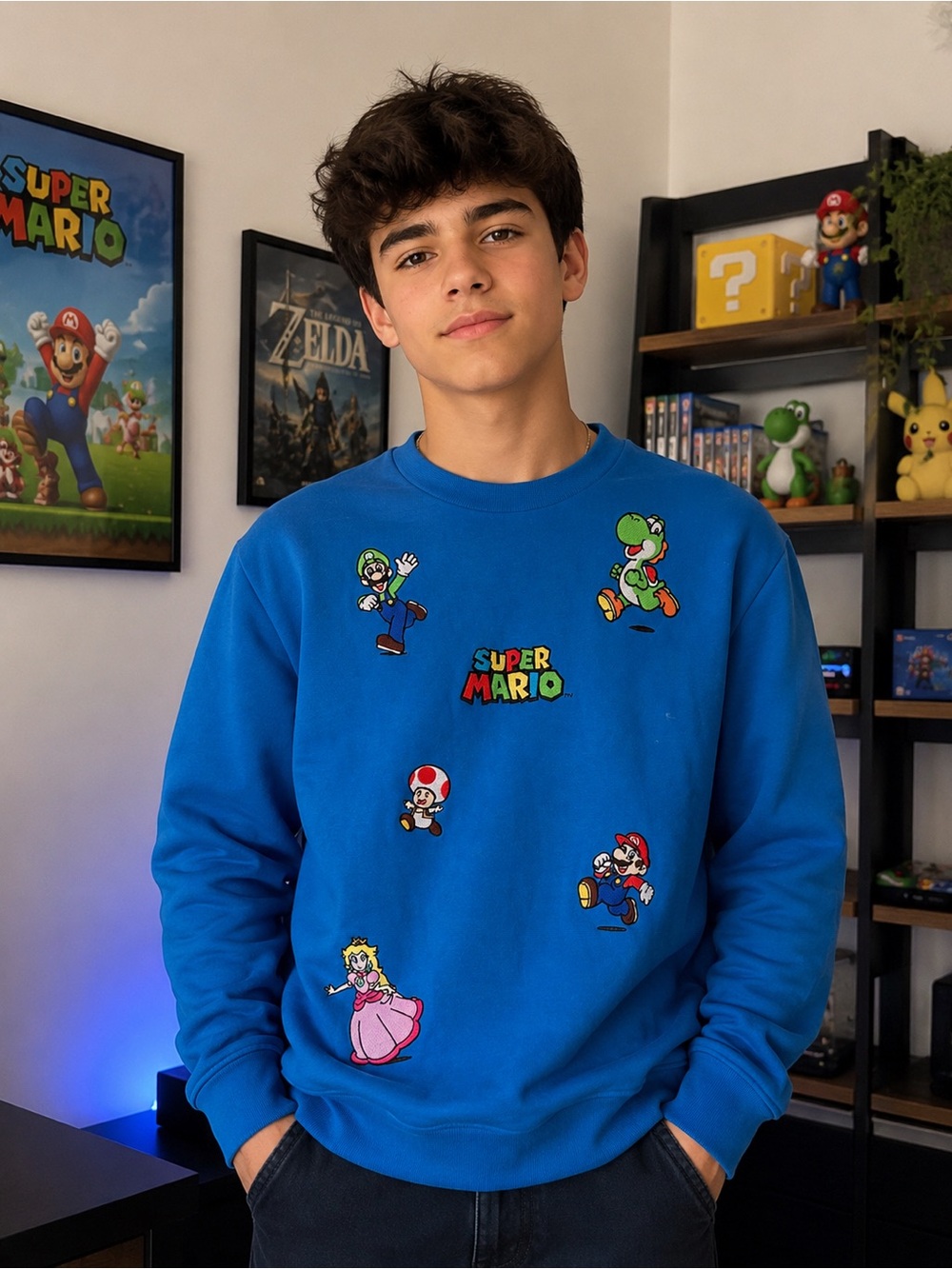 Blue Super Mario Graphic Crewneck Sweater